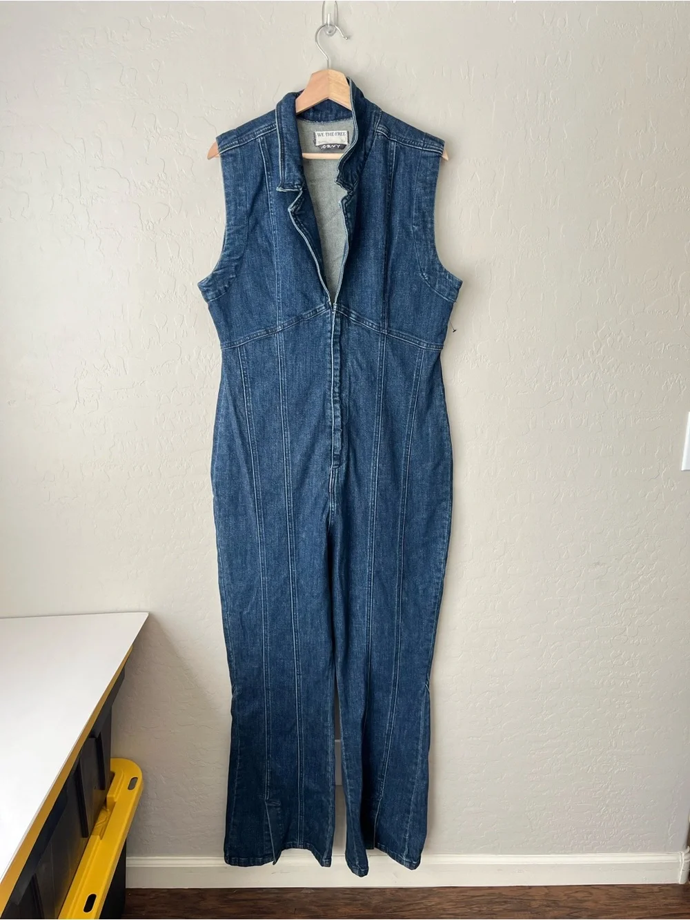 Free People Ring the Alarm Denim Sleeveless Jumpsuit One Piece Curvy XL